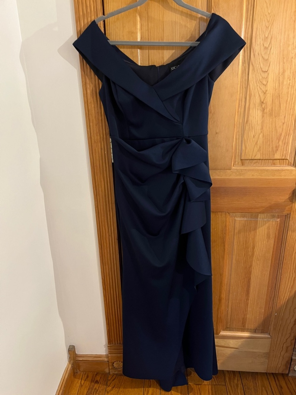 Xscape Navy Off Shoulder Evening Gown